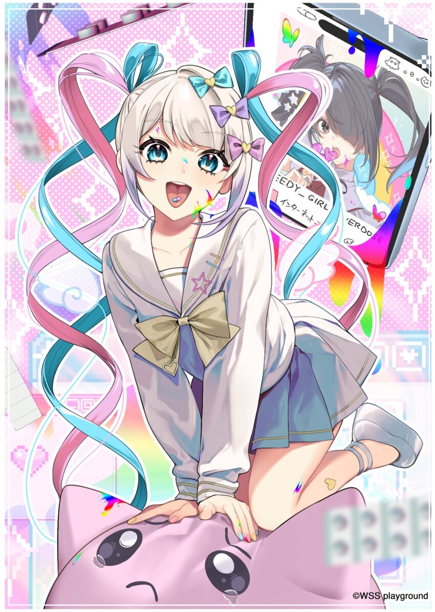 2girls, ame-chan_(needy_girl_overdose), aqua_eyes, aqua_hair, black_hair, blister_pack, blonde_hair, blurry, bow, camomile_teatea, chouzetsusaikawa_tenshi-chan, copyright_notice, depth_of_field, drugs, hair_bow, highres, looking_at_viewer, multicolored_hair, multicolored_nails, multiple_girls, needy_girl_overdose, open_mouth, pill, pill_in_mouth, pink_hair, platform_shoes, quad_tails, school_uniform, shoes, tongue, tongue_out, twintails