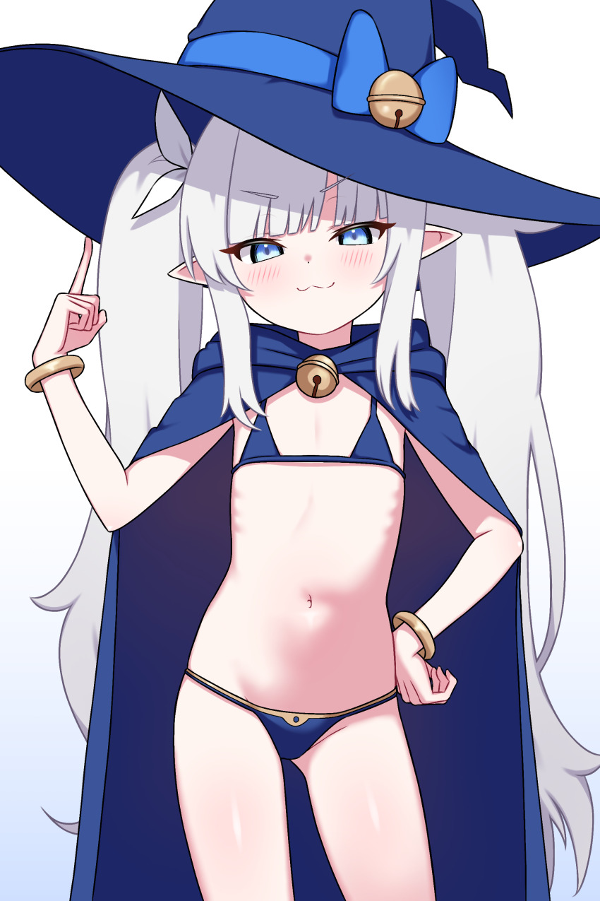 1girl, :3, absurdres, bell, bikini, blue_bikini, blue_bow, blue_cape, blue_eyes, blue_hat, borrowed_character, bow, cape, closed_mouth, commentary, dungeon_and_fighter, female_mage_(dungeon_and_fighter), flat_chest, hat, hat_bell, hat_bow, highres, jingle_bell, loli, long_hair, navel, neck_bell, original, petite, simple_background, solo, swimsuit, twintails, very_long_hair, white_background, white_hair, witch_(dungeon_and_fighter), witch_hat, zing_(z_z_zing)