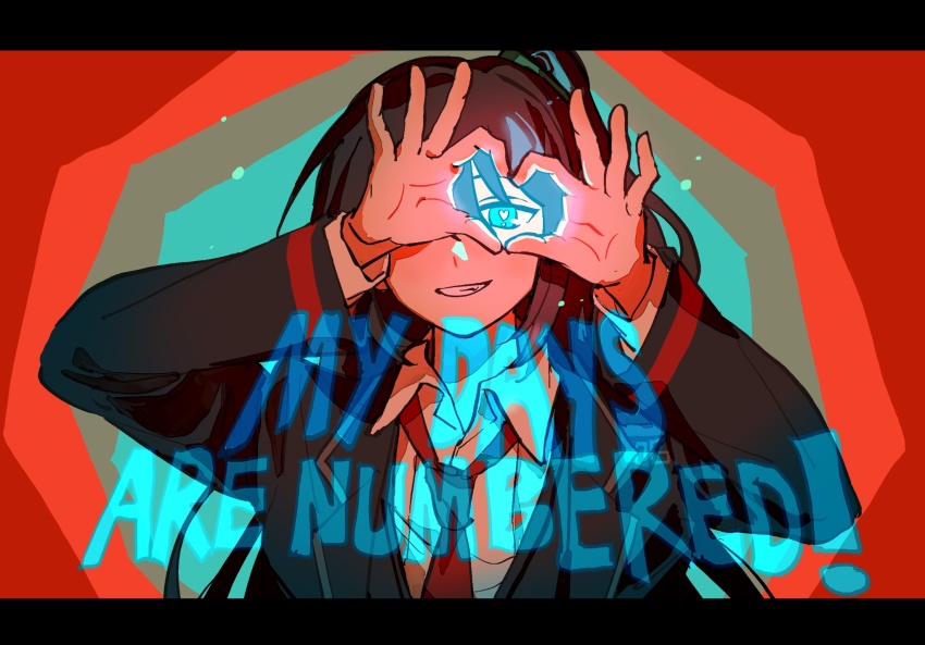 1boy, aqua_eyes, black_coat, black_hair, coat, collared_shirt, commentary, english_commentary