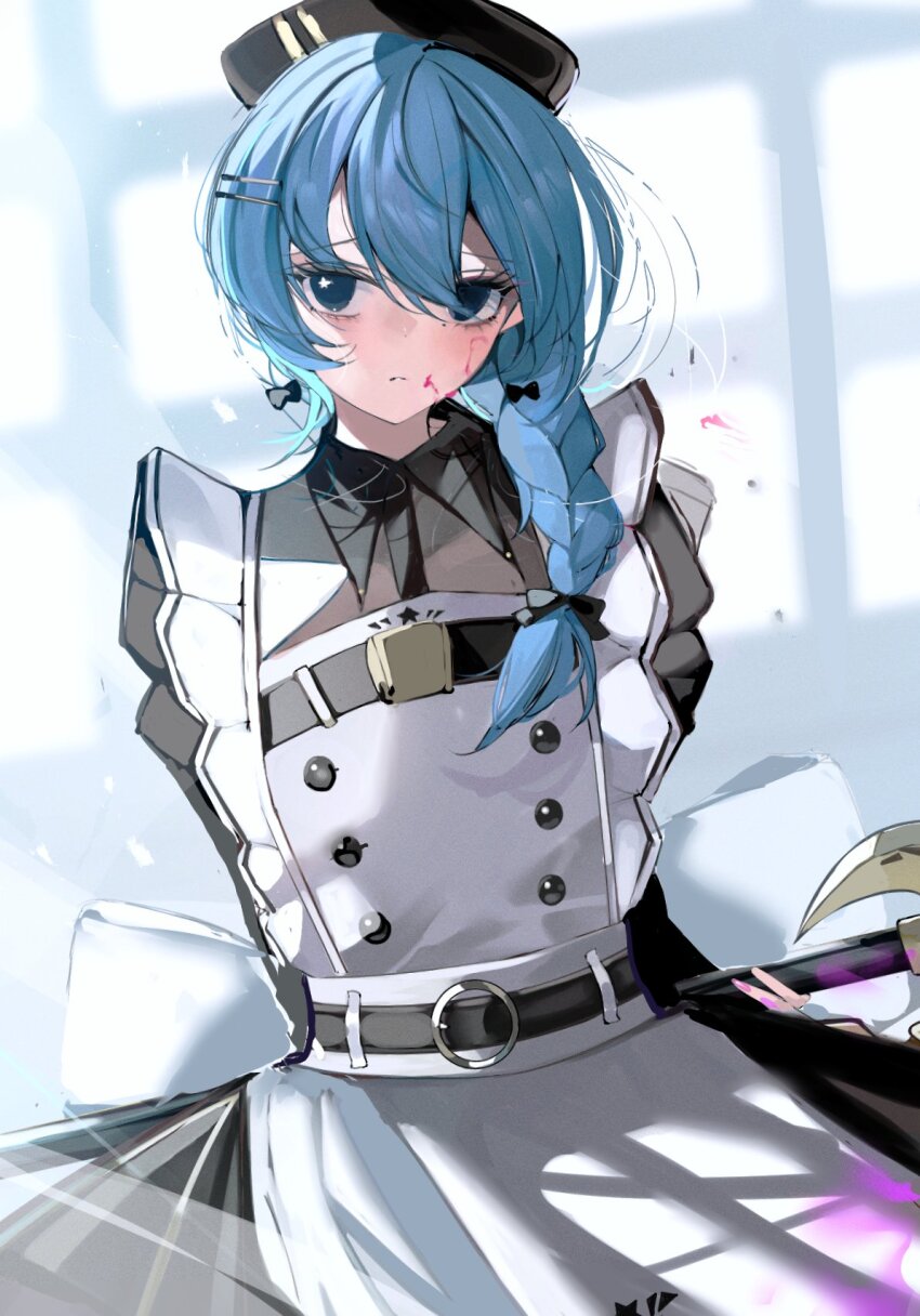 alternate_costume, apron, belt, blood, blood_on_face, blue_eyes, blue_hair, expressionless