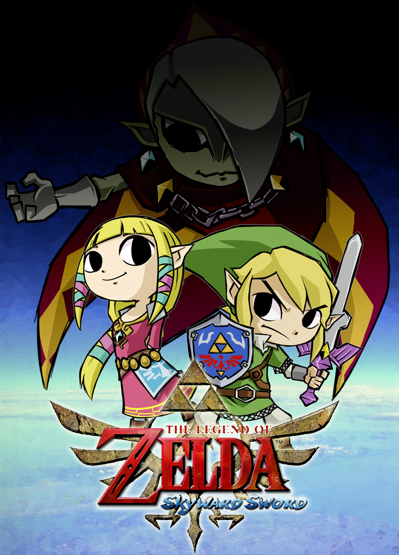 1girl, 2boys, bad_id, bad_pixiv_id, belt, blonde_hair, buckle, cape, chain, evil_smile, ghirahim, hair_over_one_eye, holding, holding_sword, holding_weapon, hylian_shield, link, long_sleeves, looking_at_viewer, master_sword, multiple_boys, nintendo, pale_skin, parody, pointy_ears, princess_zelda, shield, smile, style_parody, sword, the_legend_of_zelda, the_legend_of_zelda:_skyward_sword, the_legend_of_zelda:_the_wind_waker, toon_link, toon_zelda, triforce, tunic, weapon, zukizuki