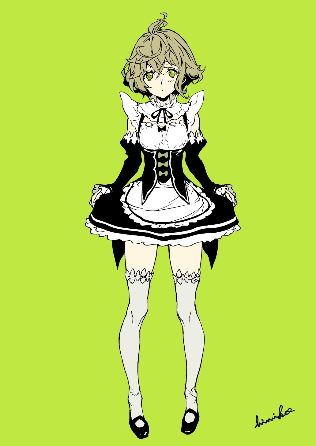 1boy, ahoge, alternate_costume, apron, clothes_lift, corset, cosplay, crossdressing