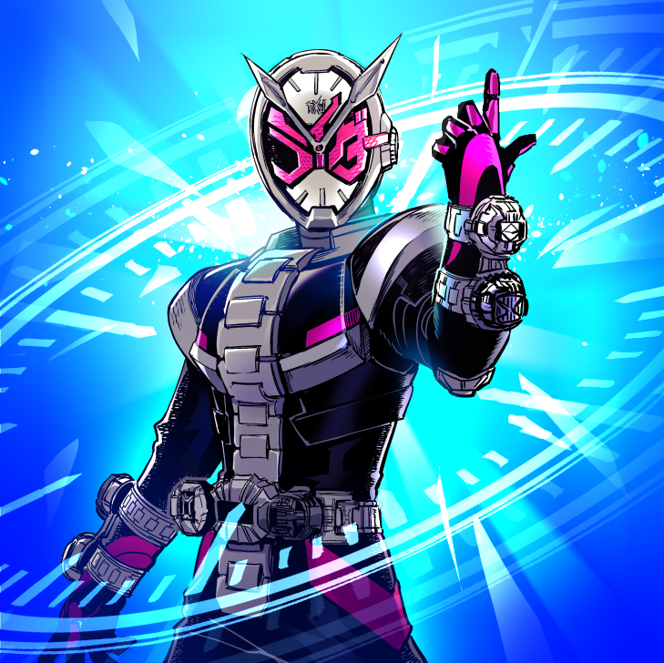 1boy, analog_clock, arm_at_side, black_bodysuit, blue_background, bodysuit, clock, clock_hands, commentary_request, covered_face, cowboy_shot, facing_viewer, hand_up, helmet, hitsuji_oshipu, index_finger_raised, kamen_rider, kamen_rider_zi-o, kamen_rider_zi-o_(series), male_focus, rider_belt, ridewatch, solo, tokusatsu, zi-o_ridewatch, ziku-driver