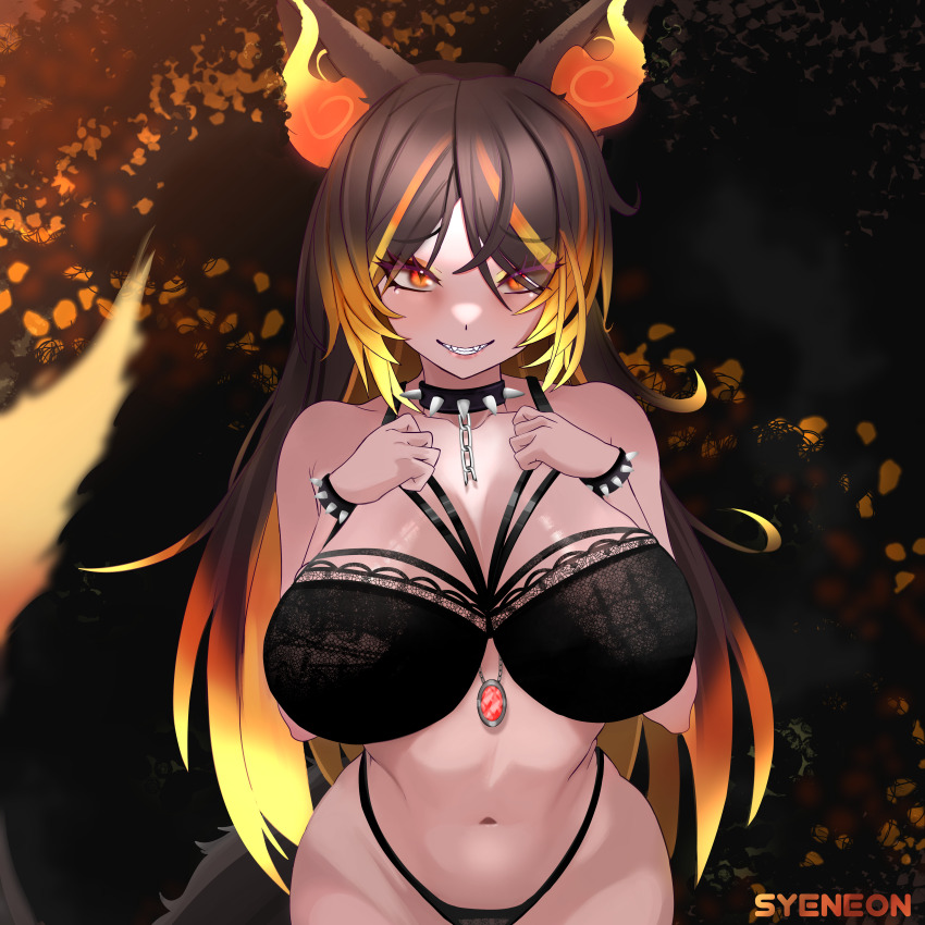 1girl, absurdres, animal_ears, artist_name, black_bra, black_collar, black_panties, blonde_hair, bra, breasts, brown_hair, collar, collarbone, fiery_ears, gem, gradient_hair, highres, indie_virtual_youtuber, large_breasts, long_hair, multicolored_hair, navel, orange_eyes, orange_hair, panties, red_gem, sinder_(vtuber), smile, solo, spiked_collar, spiked_cuffs, spikes, streaked_hair, syeneon, tail, underwear, virtual_youtuber, wolf_ears, wolf_girl, wolf_tail