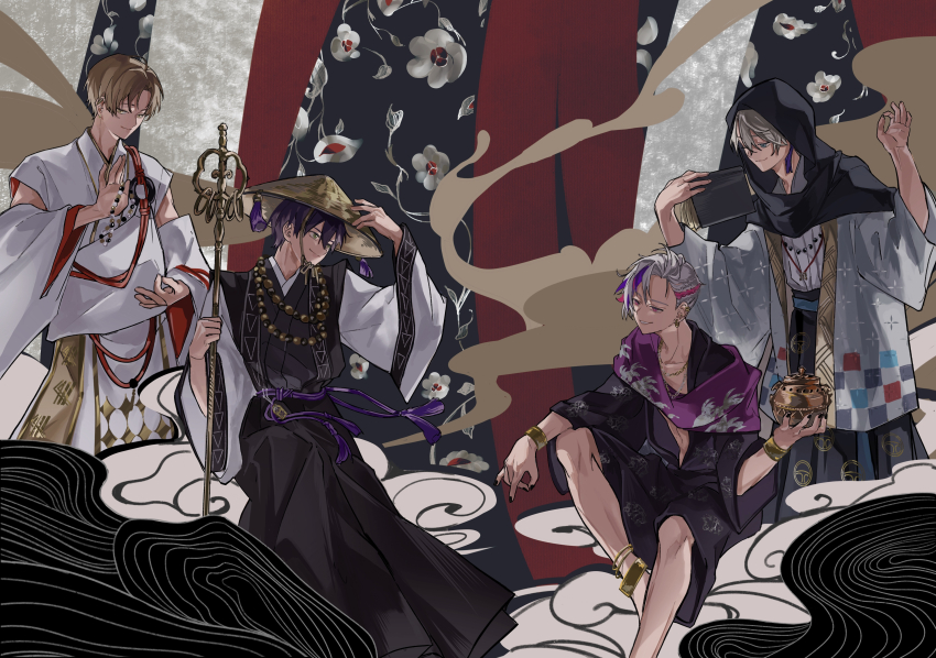 4boys, absurdres, ajirogasa, beads, black_nails, black_veil, brown_eyes, brown_hair