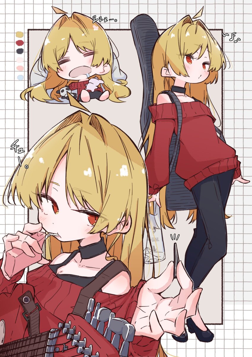 1girl, absurdres, ahoge, aomoringo, black_choker, black_pants, black_shirt, blonde_hair