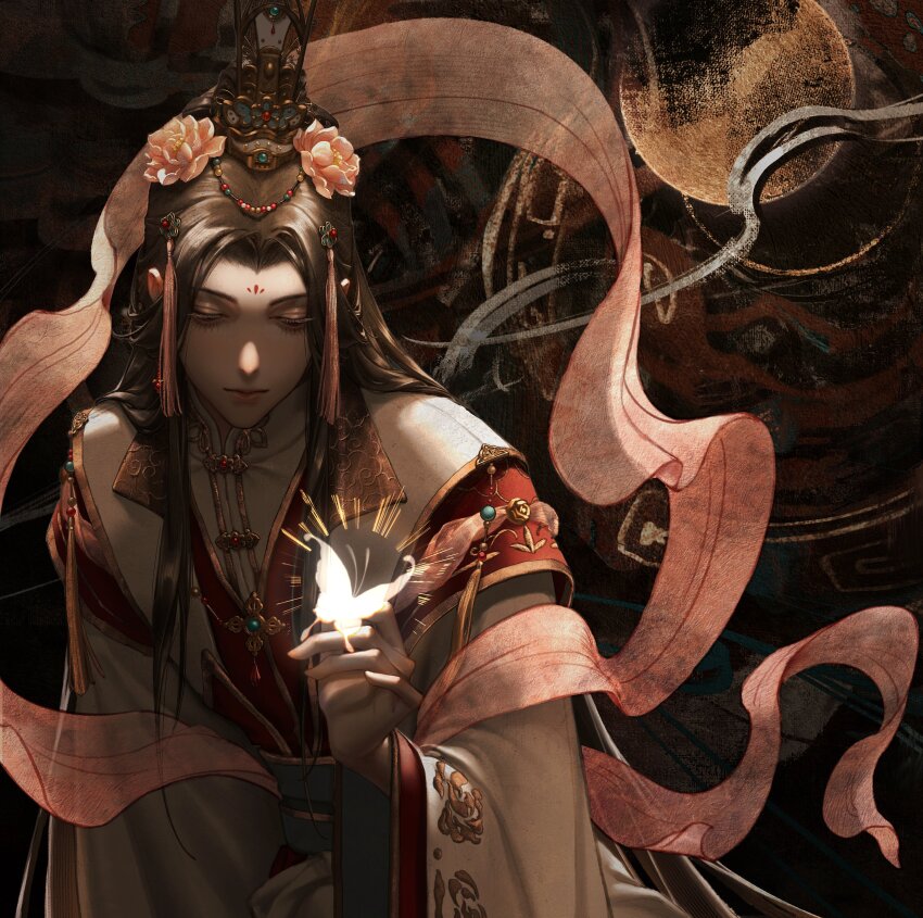 1boy, abstract_background, absurdres, arm_at_side, beads, bishounen, brown_hair, brown_theme