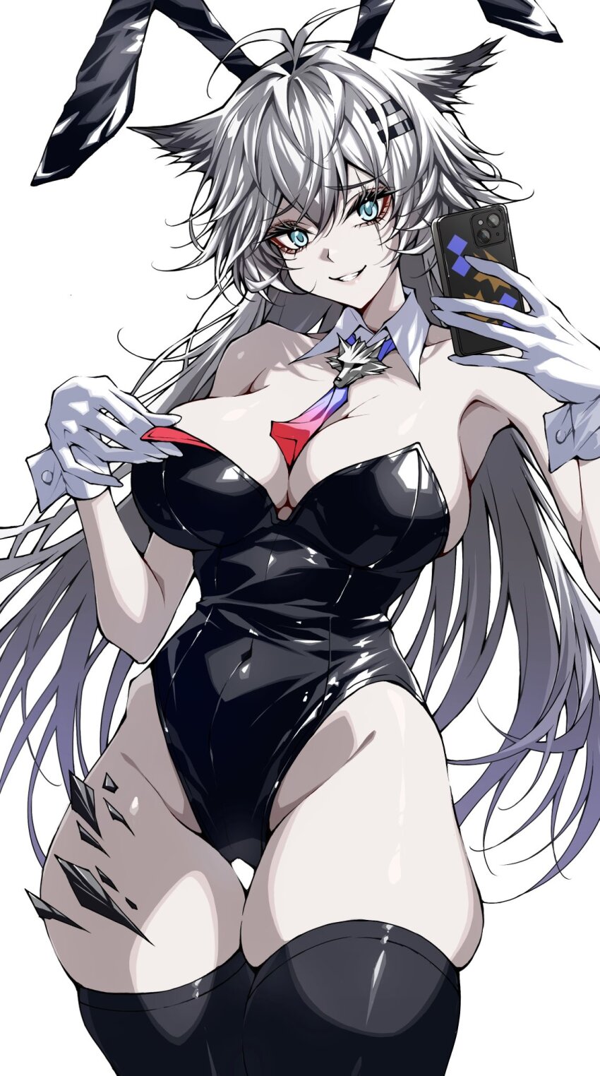 1girl, animal_ears, arknights, black_leotard, black_thighhighs, breasts, cellphone, detached_collar