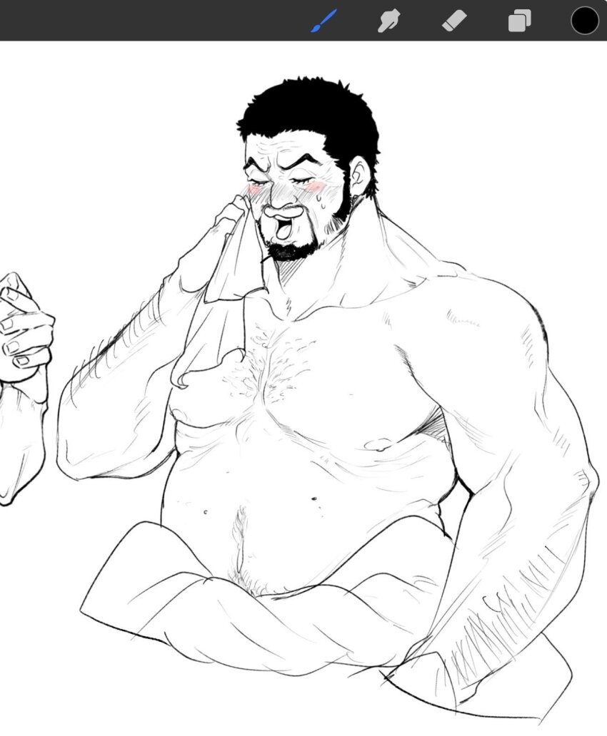 1boy, arm_hair, art_program_in_frame, bara, black_hair, blind, chest_hair, cropped_torso