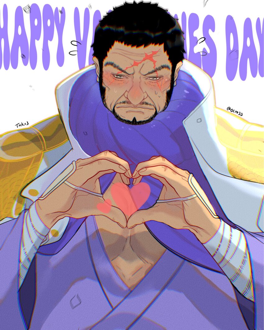 1boy, bandaged_arm, bandages, bara, black_hair, blind, blush, facial_hair