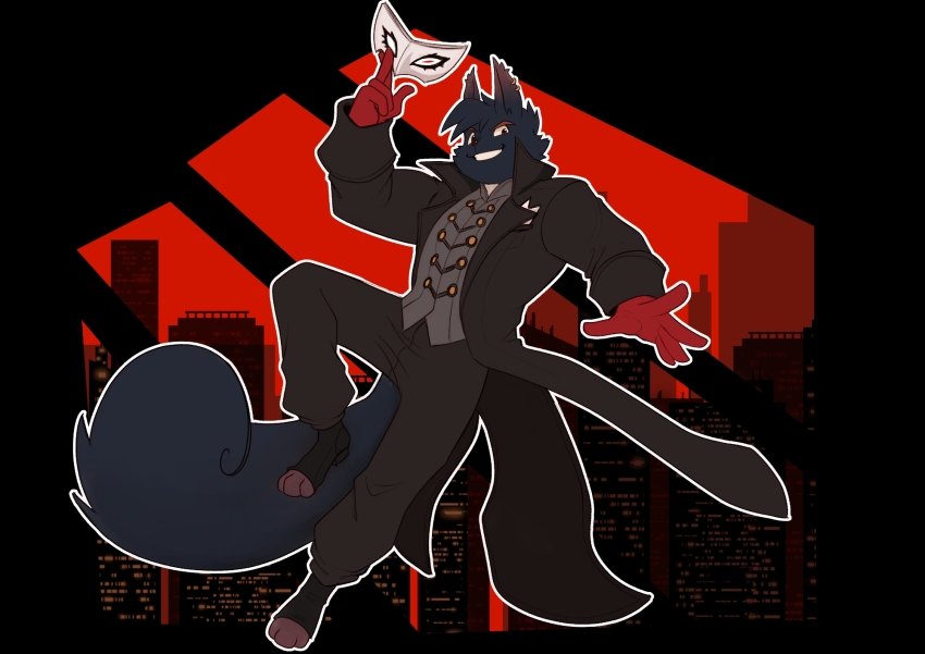 1boy, allo_art, amamiya_ren, black_coat, black_pants, cityscape, coat, commentary