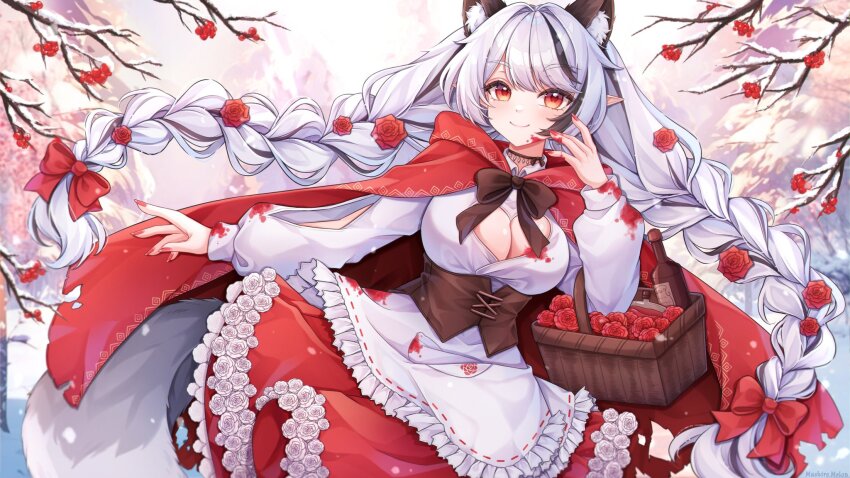 1girl, ambiguous_red_liquid, animal_ear_fluff, animal_ears, apron, basket, black_hair, bottle