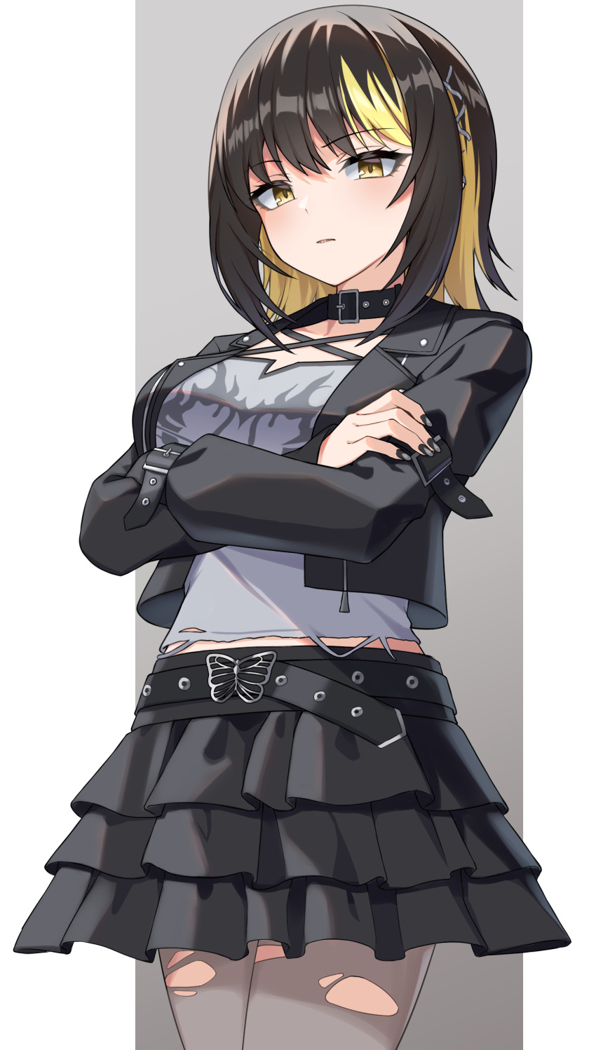 1girl, absurdres, belt_collar, black_hair, black_jacket, black_pantyhose, black_skirt, blonde_hair