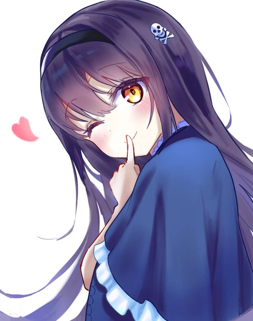 1girl, black_hair, black_hairband, blue_capelet, blush, bone_hair_ornament, capelet, charcoa72170283