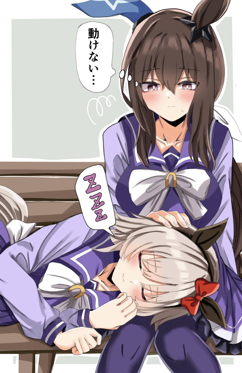 2girls, admire_vega_(umamusume), amakaze16, animal_ears, bench, blush, bow, bowtie