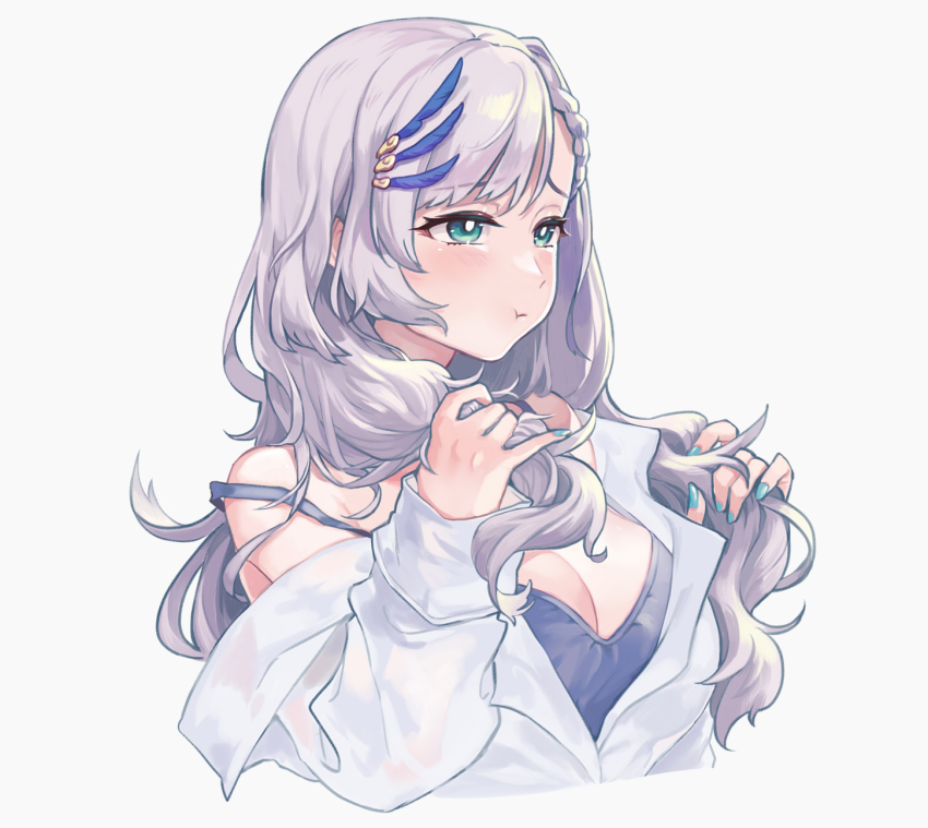 1girl, :t, asterisk_(pmpalg_v), blue_camisole, blue_eyes, blue_nails, blush, braid