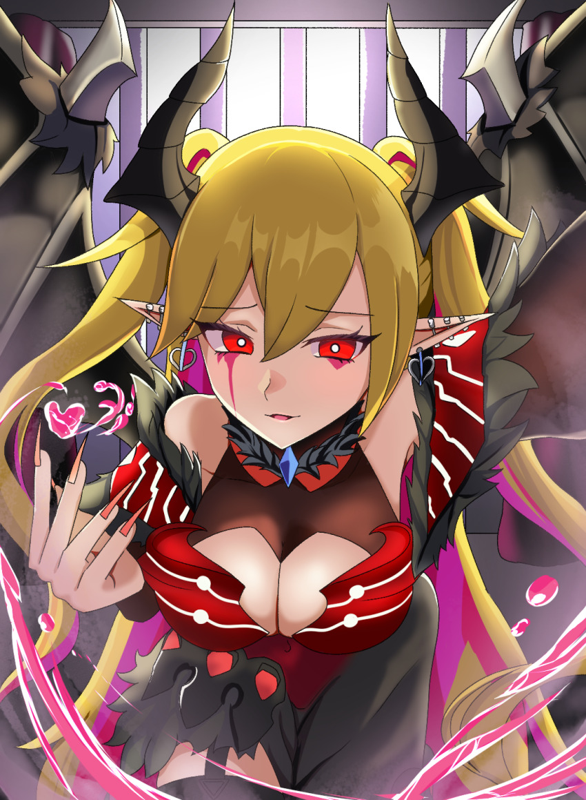 1girl, black_thighhighs, blonde_hair, blush, breasts, cleavage, cleavage_cutout, clothing_cutout