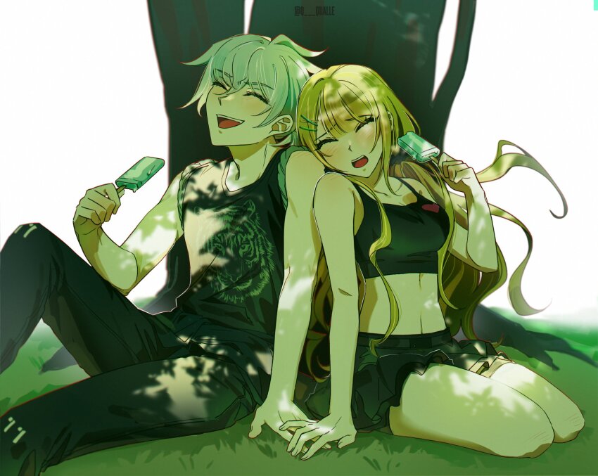 1boy, 1girl, arisugawa_saori, black_pants, black_shirt, black_shorts, black_skirt, black_tank_top