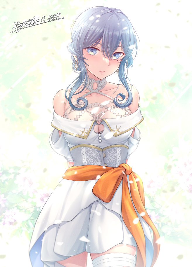 1girl, arms_behind_back, blue_eyes, blue_hair, breasts, cleavage, cleavage_cutout, clothing_cutout