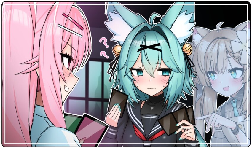 +_+, 3girls, :d, ?, ??, ahoge, animal_ear_fluff, animal_ears
