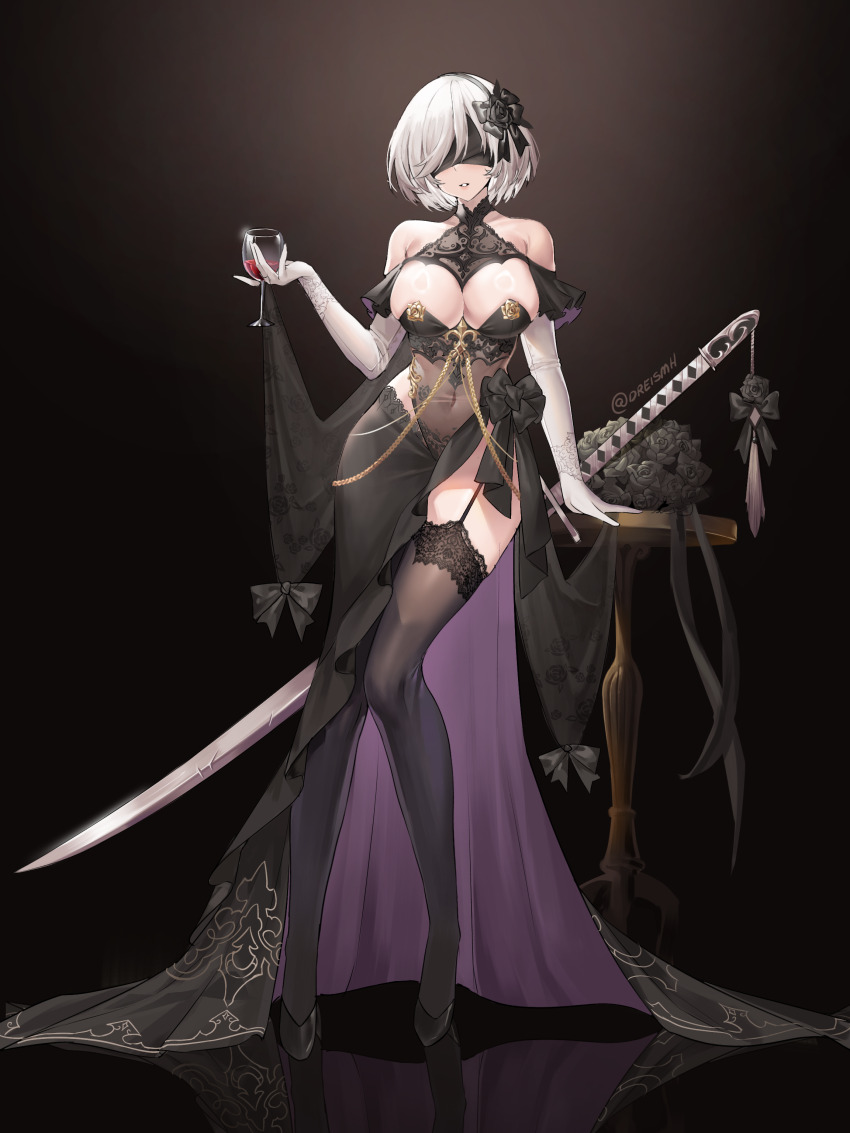 1girl, 2b_(nier:automata), absurdres, alternate_costume, bare_shoulders, black_background, black_dress, black_flower