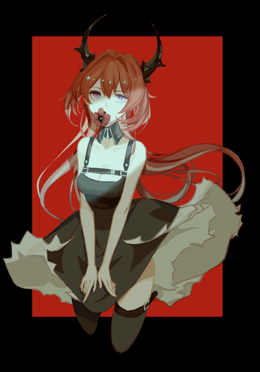 1girl, absurdres, arknights, black_horns, black_skirt, black_thighhighs, border, breasts