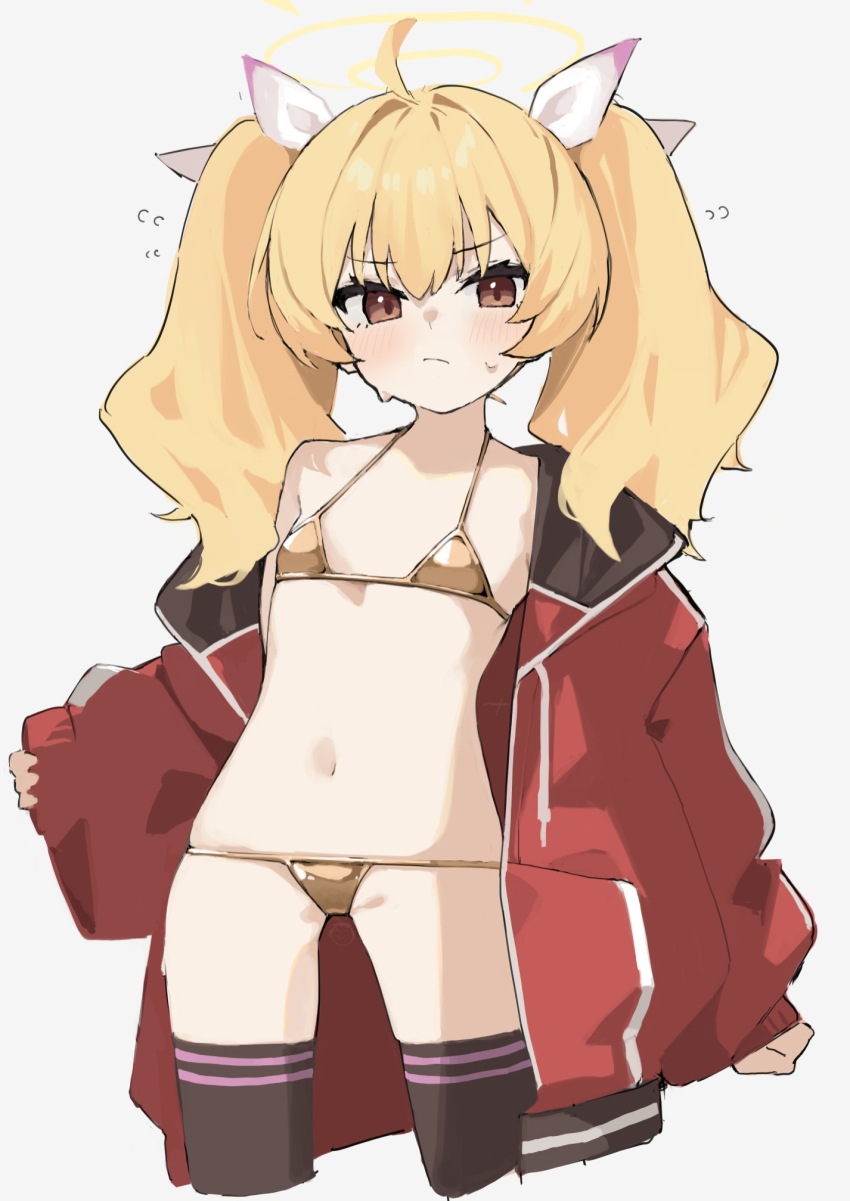 1girl, ahoge, bikini, black_thighhighs, blonde_hair, blue_archive, blush, closed_mouth