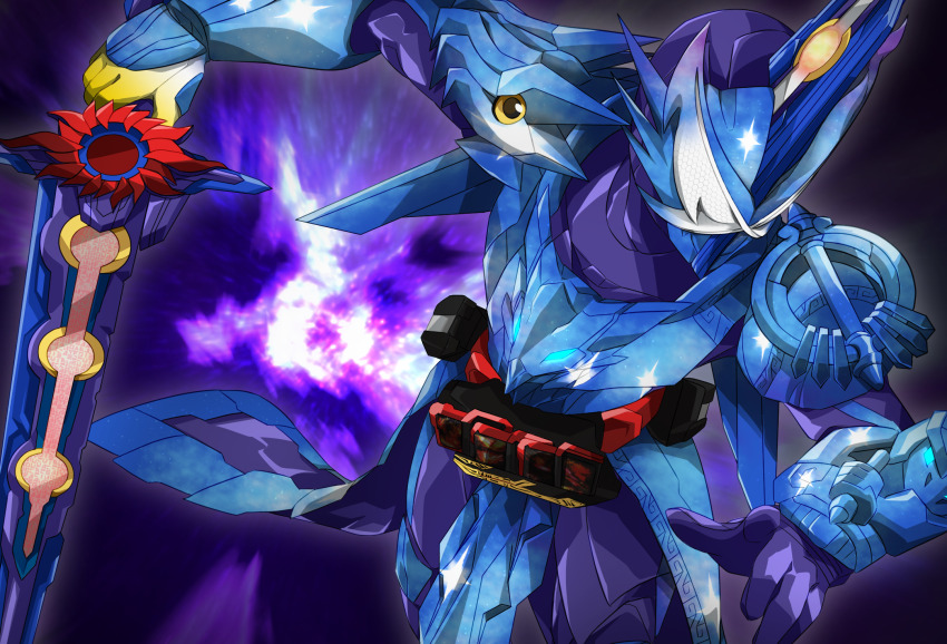 1boy, brave_dragon_wonder_ride_book, compound_eyes, haouken_xross_saber, highres, holding, holding_sword, holding_weapon, kamen_rider, kamen_rider_crimson_saber, kamen_rider_saber, kamen_rider_saber_(series), kamen_rider_xross_saber, male_focus, miyabi_(037), open_hand, rider_belt, saiyuu_journey_wonder_ride_book, seiken_swordriver, storm_eagle_wonder_ride_book, sword, upper_body, weapon, white_eyes, wonder_ride_book