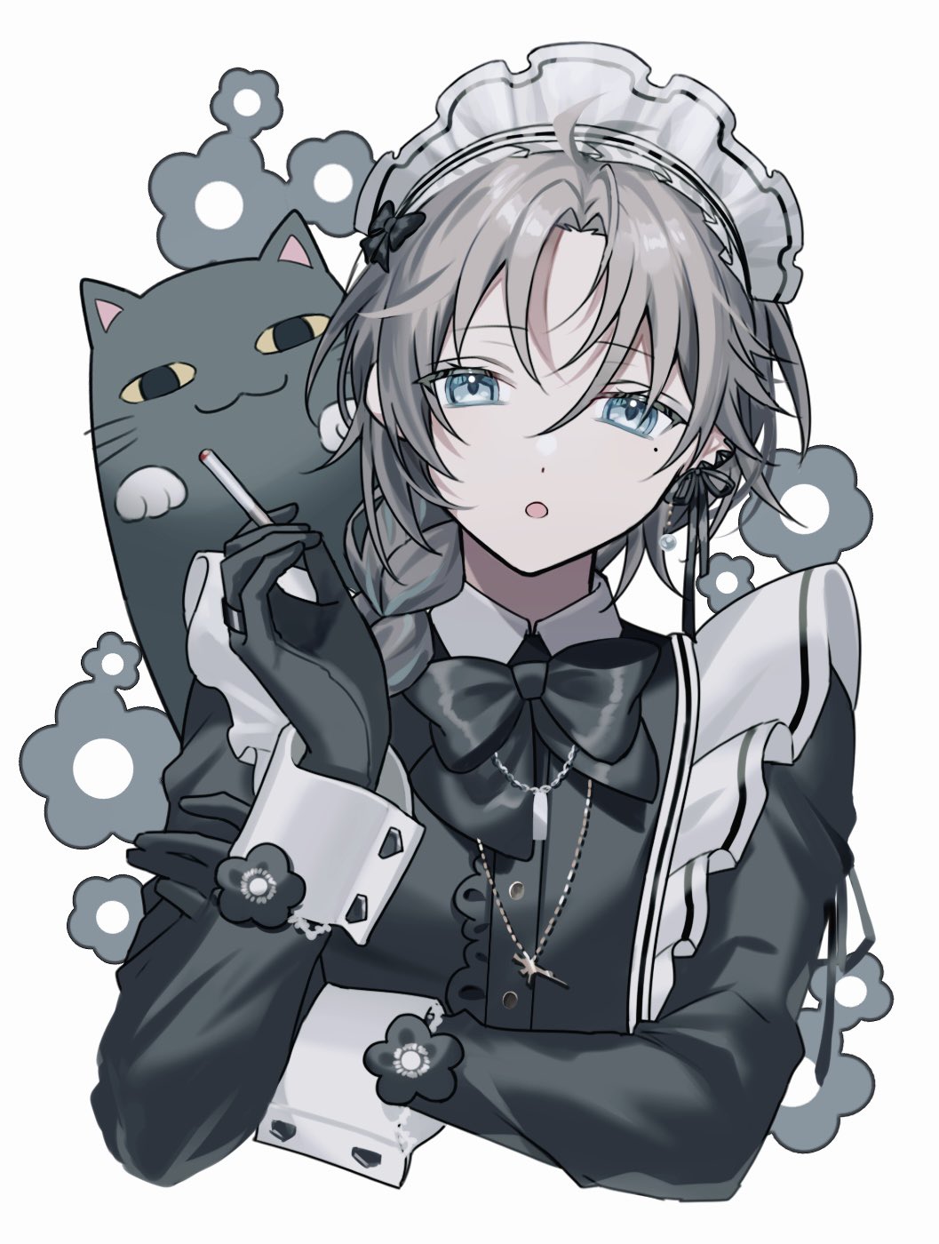 1boy, apron, black_bow, black_bowtie, black_dress, black_gloves, blue_eyes, bow