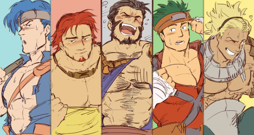 5boys, bara, bare_pectorals, barst_(fire_emblem), beard, black_hair, blonde_hair, blue_hair