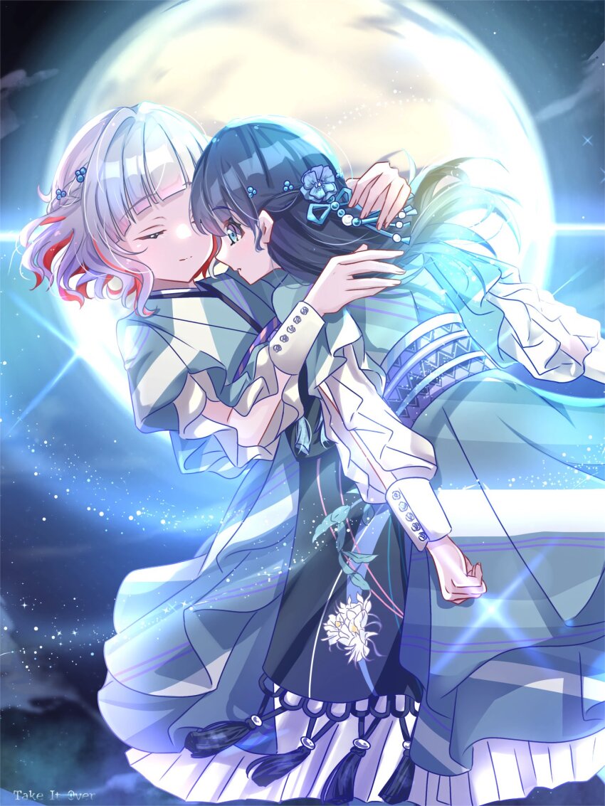 2girls, blue_eyes, blue_flower, blue_hair, blunt_bangs, braid, closed_mouth, commentary_request