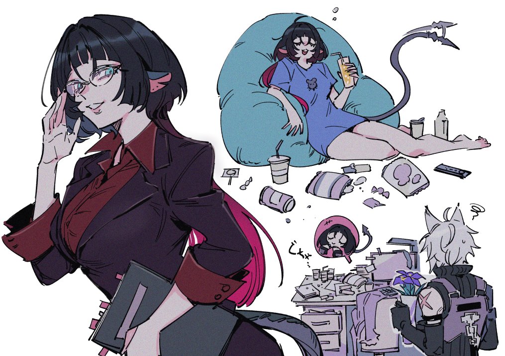 1boy, 1girl, adjusting_eyewear, animal_ears, animal_print, bean_bag_chair, black_hair, black_jacket, blue_shirt, blunt_bangs, casual, cat_boy, chair, closed_eyes, collared_shirt, cup, drink, flower, folder, gradient_hair, green_eyes, holding, holding_cup, holding_drink, holding_folder, holding_vase, jacket, jane_doe_(zenless_zone_zero), lapels, long_hair, long_sleeves, messy_room, mouse_ears, mouse_girl, mouse_tail, multicolored_hair, notched_lapels, office_chair, offnanoda, purple_flower, red_hair, red_shirt, scar, scar_on_arm, seth_lowell, sharp_tail, shirt, short_sleeves, sitting, sleeveless, smile, swivel_chair, tail, very_long_tail, white_background, white_hair, wolf_cut, zenless_zone_zero