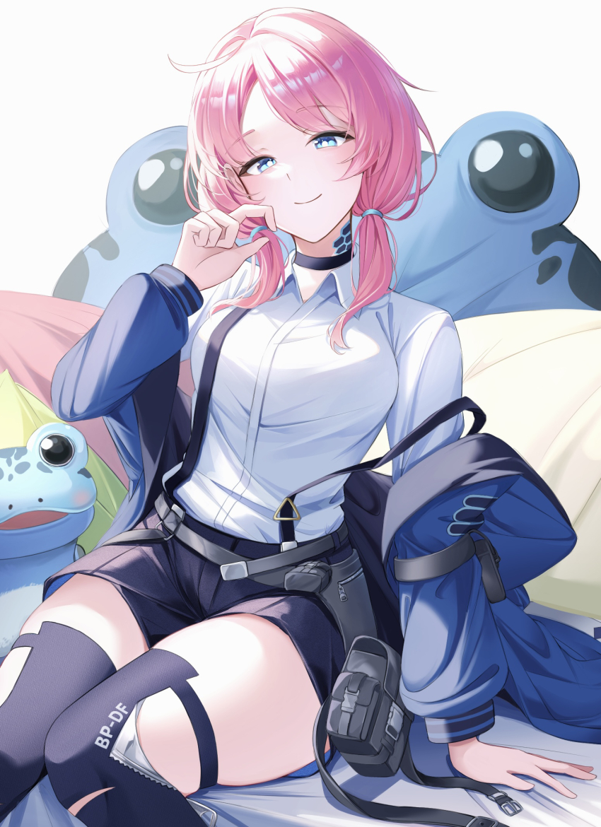 1girl, arknights, black_choker, black_shorts, blue_eyes, blue_jacket, blue_poison_(arknights), breasts