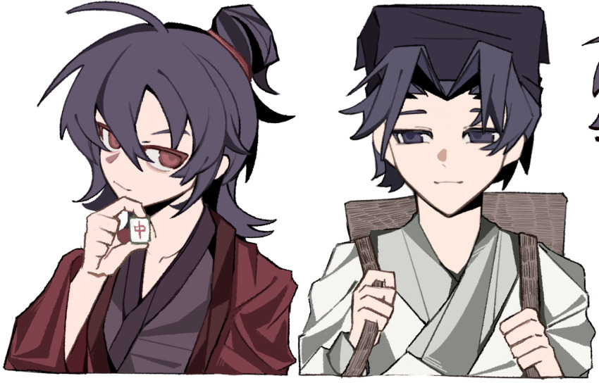 2boys, aged_down, ahoge, asansama, backpack, bag, black_eyes, black_hair