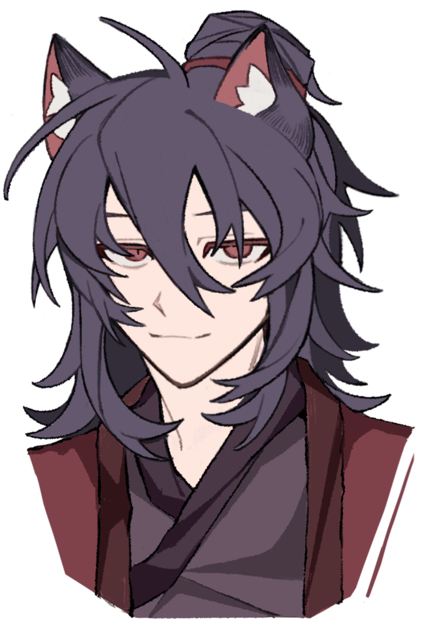 1boy, ahoge, animal_ear_fluff, animal_ears, asansama, black_hair, black_hanfu, chinese_clothes