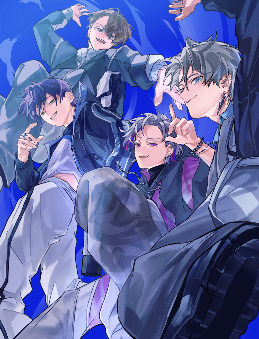 4boys, absurdres, black_hair, brown_eyes, brown_hair, closed_mouth, ear_piercing, earrings