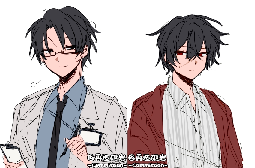 2boys, absurdres, alternate_universe, artist_name, asansama, black_eyes, black_hair, black_necktie