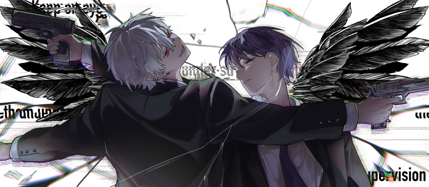 2boys, absurdres, black_necktie, black_suit, black_wings, formal_clothes, green_eyes, grey_hair