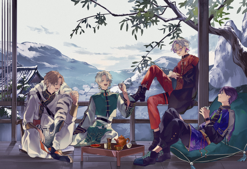 4boys, absurdres, boots, brown_eyes, brown_hair, chinese_clothes, closed_mouth, cup