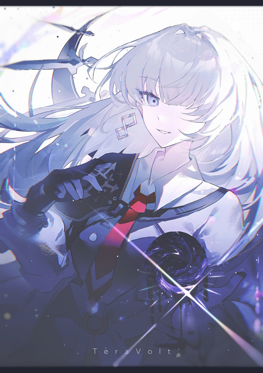 1girl, black_gloves, blue_eyes, blurry, depth_of_field, gloves, grey_hair, hair_over_one_eye