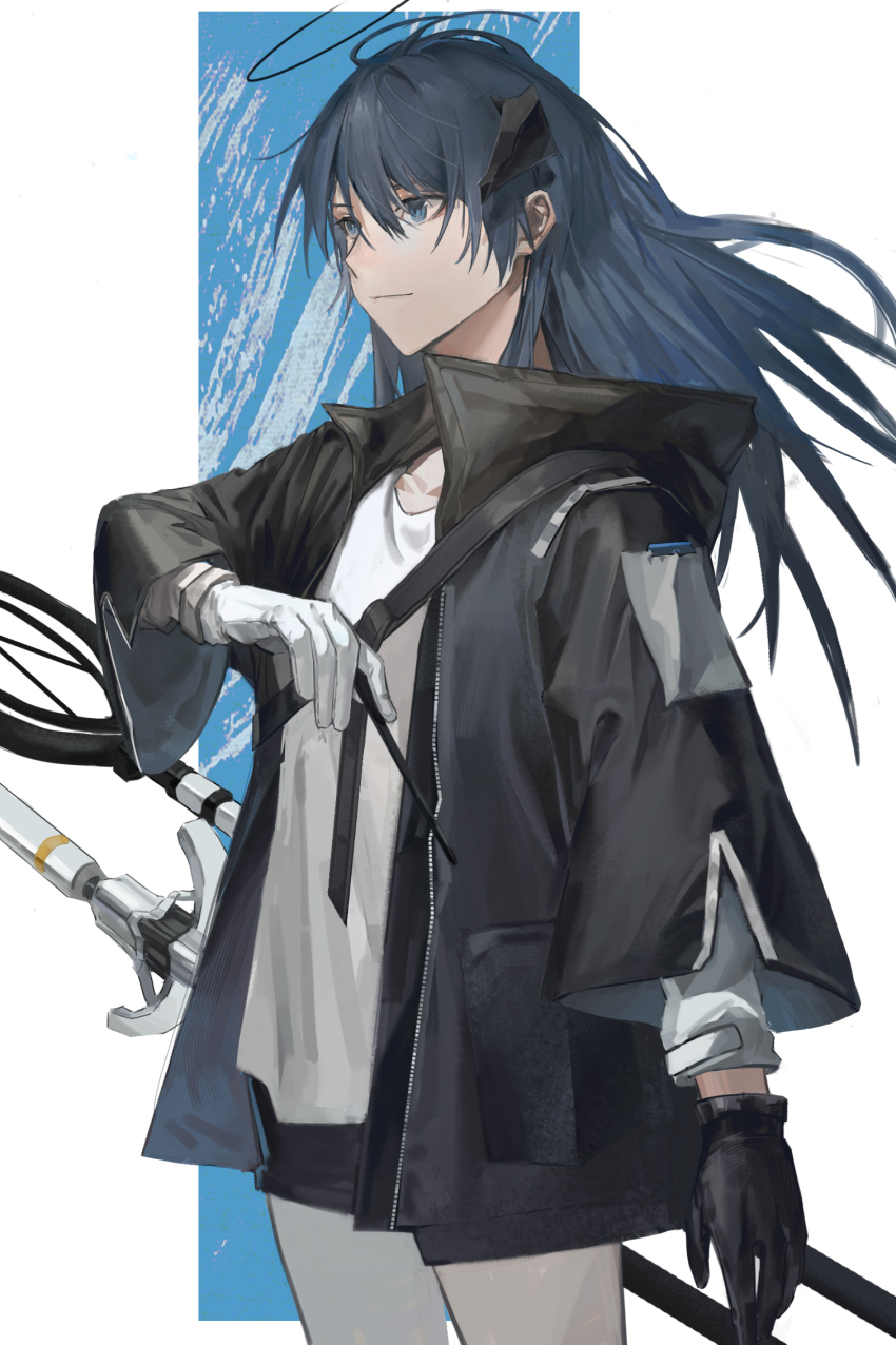 1girl, antenna_hair, arknights, asymmetrical_gloves, black_gloves, black_halo, black_horns, black_jacket