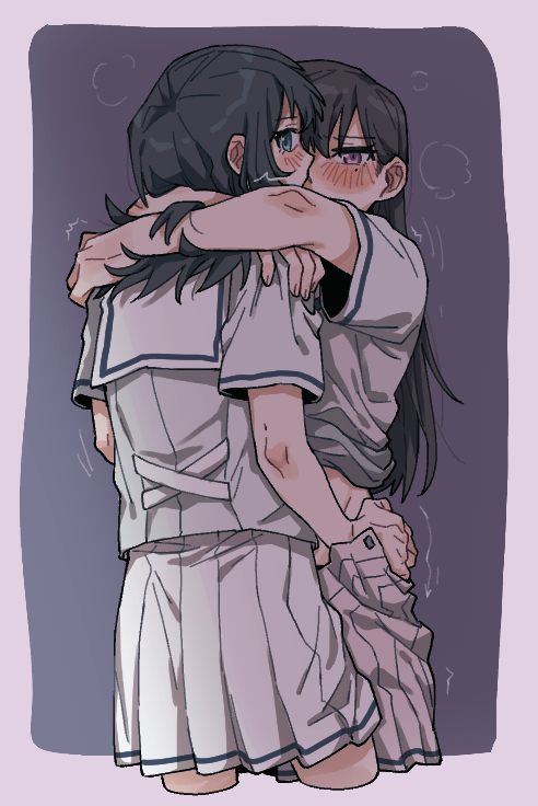 2girls, arms_around_neck, bang_dream!, bang_dream!_it's_mygo!!!!!, black_hair, blue_eyes, blush, breath