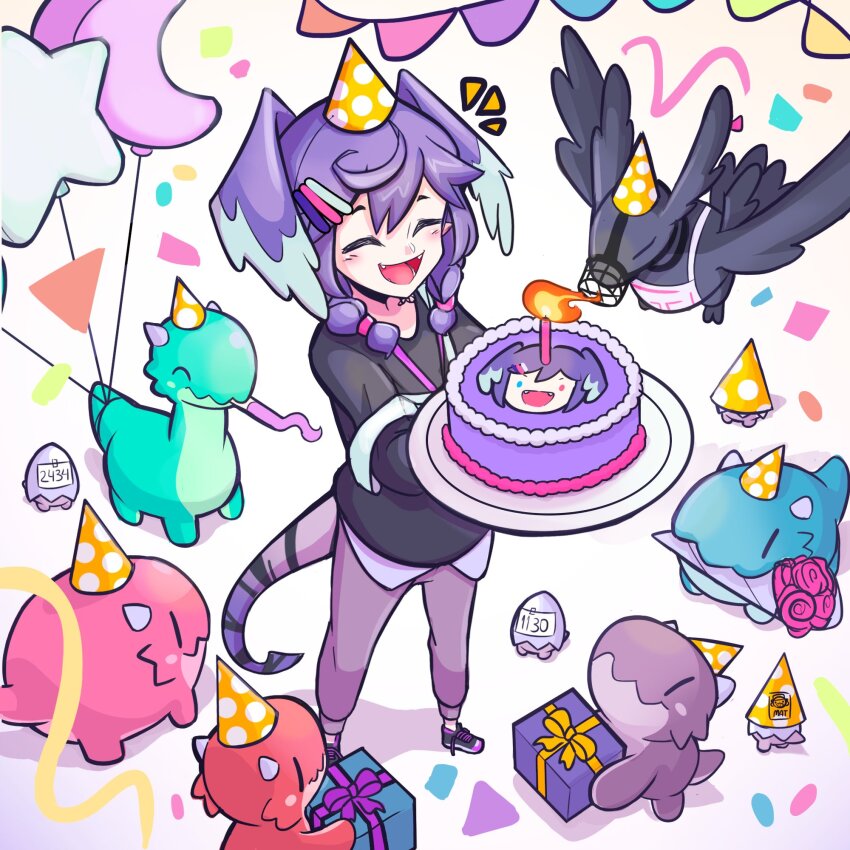 1girl, ^_^, artist_logo, balloon, birthday, birthday_cake, black_shirt, black_shoes