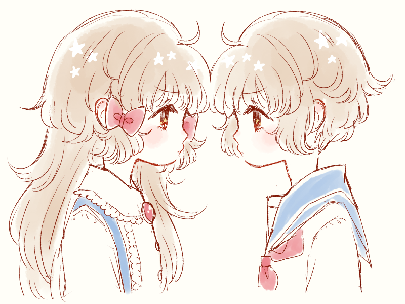 1boy, 1girl, annoyed, blue_sailor_collar, bow, brooch, brother_and_sister, brown_eyes
