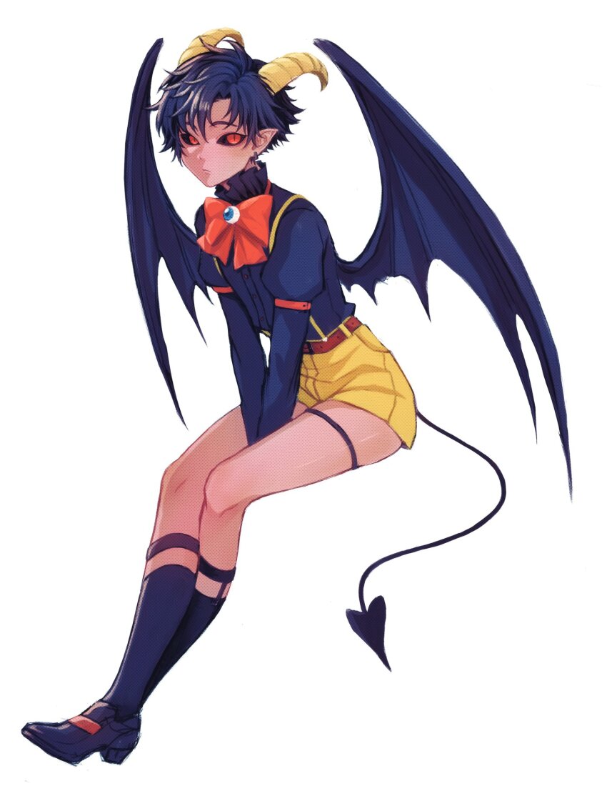 1boy, belt, between_legs, black_sclera, blue_hair, blue_shirt, blue_shoes, blue_socks, bow, bowtie, closed_mouth, collar, collared_shirt, colored_sclera, commentary_request, crossed_legs, demon_boy, demon_horns, demon_tail, demon_wings, earrings, eyeball, frilled_collar, frills, full_body, hair_between_eyes, hand_between_legs, highres, horns, invisible_chair, jewelry, juliet_sleeves, long_sleeves, looking_at_viewer, male_focus, moxamog, original, own_hands_together, pointy_ears, puffy_sleeves, red_belt, red_bow, red_bowtie, red_eyes, shirt, shoes, short_hair, shorts, simple_background, sitting, slit_pupils, socks, solo, tail, thigh_strap, white_background, wings, yellow_shorts