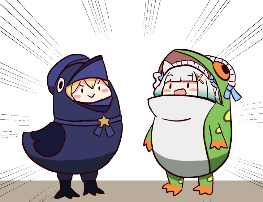 2girls, :>, alin_laphel, aqua_hair, blonde_hair, blue_bow, bow, chibi