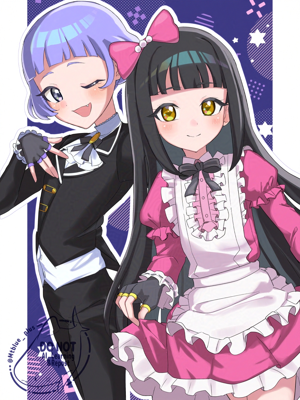 2girls, :d, apron, black_bow, blush, bow, dress, fang