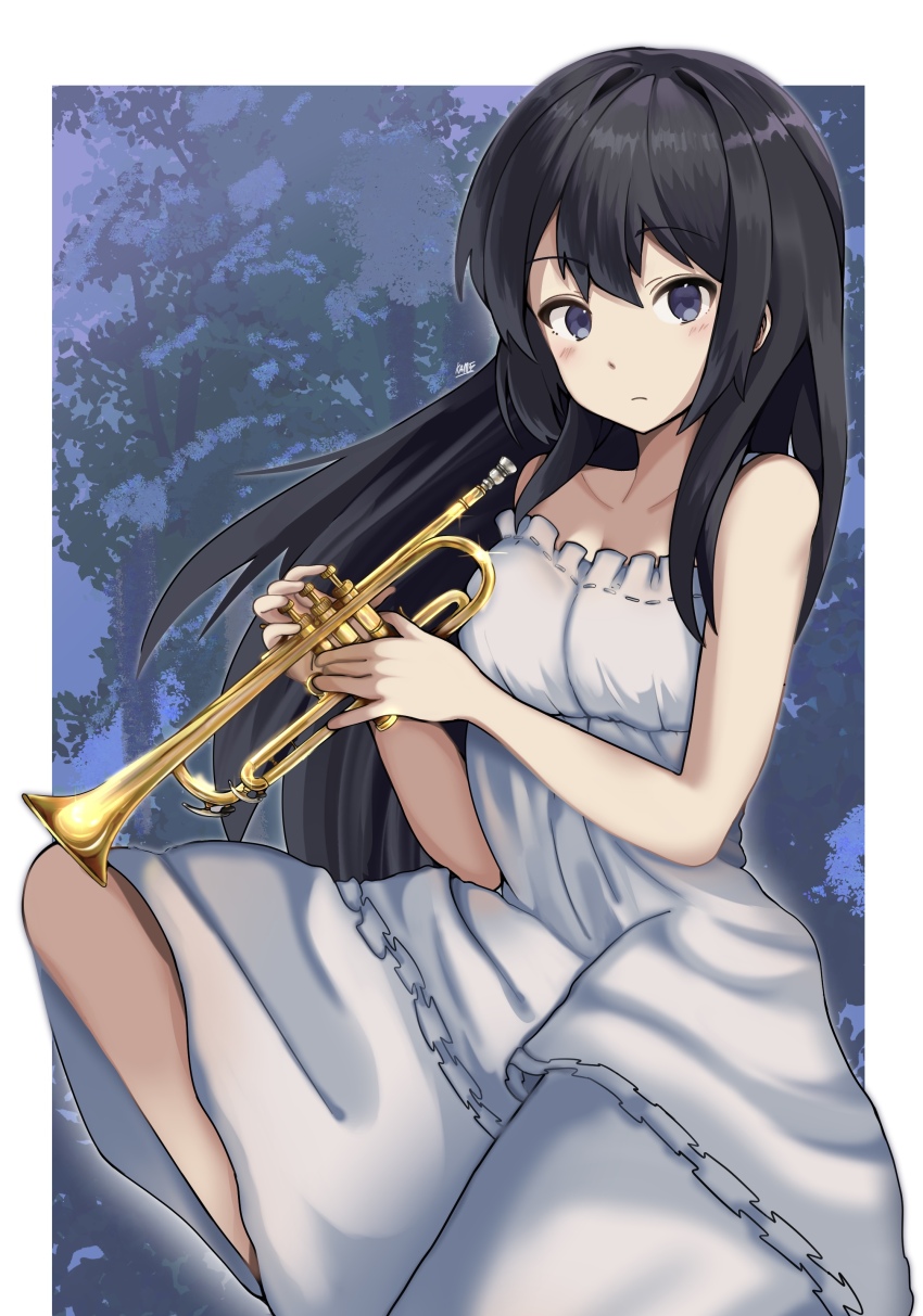 1girl, absurdres, bare_shoulders, black_hair, border, breasts, clip_studio_paint_(medium), closed_mouth