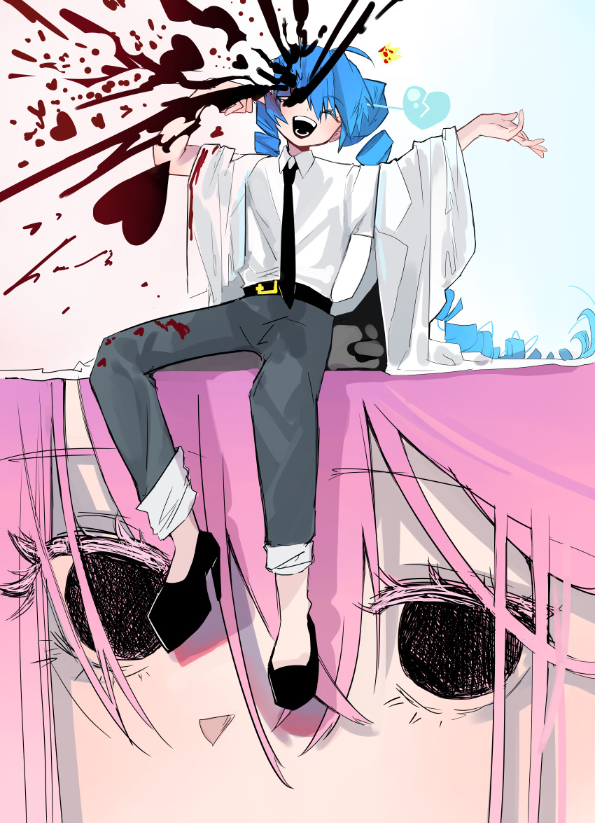 2girls, :o, absurdres, belt, black_necktie, black_shoes, bleeding, blood