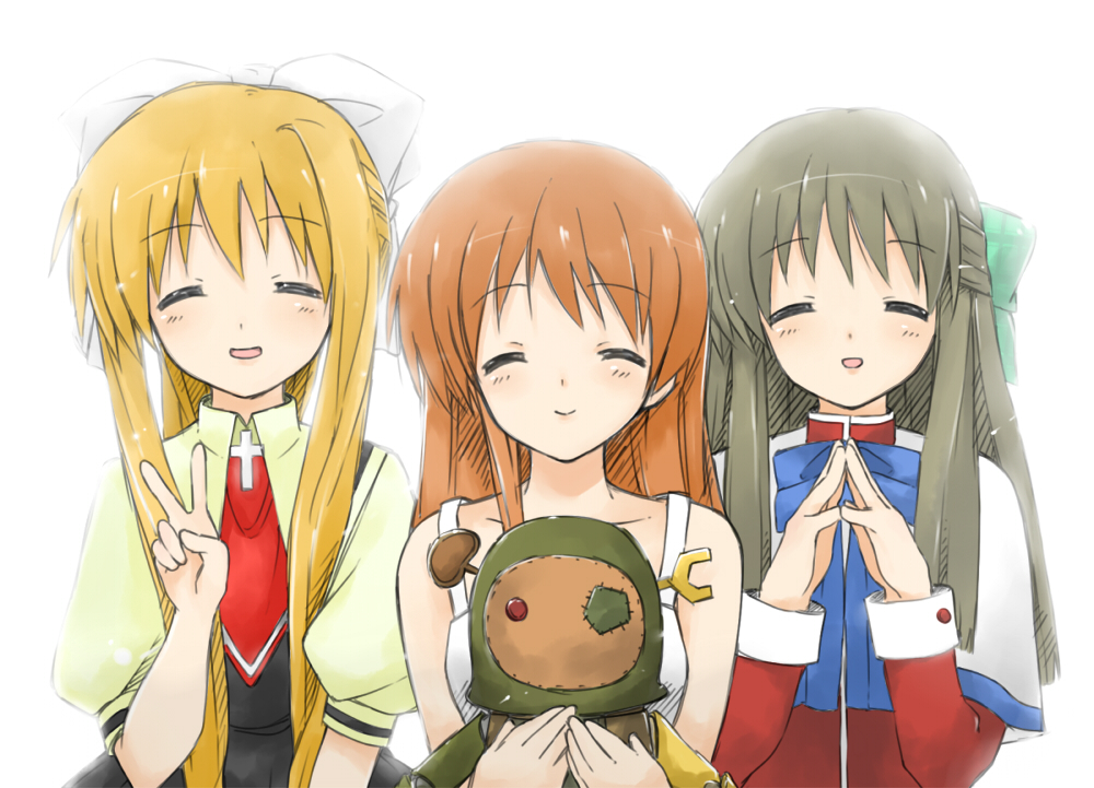 00s, 3girls, air_(visual_novel), black_hair, blonde_hair, brown_hair, clannad, closed_eyes